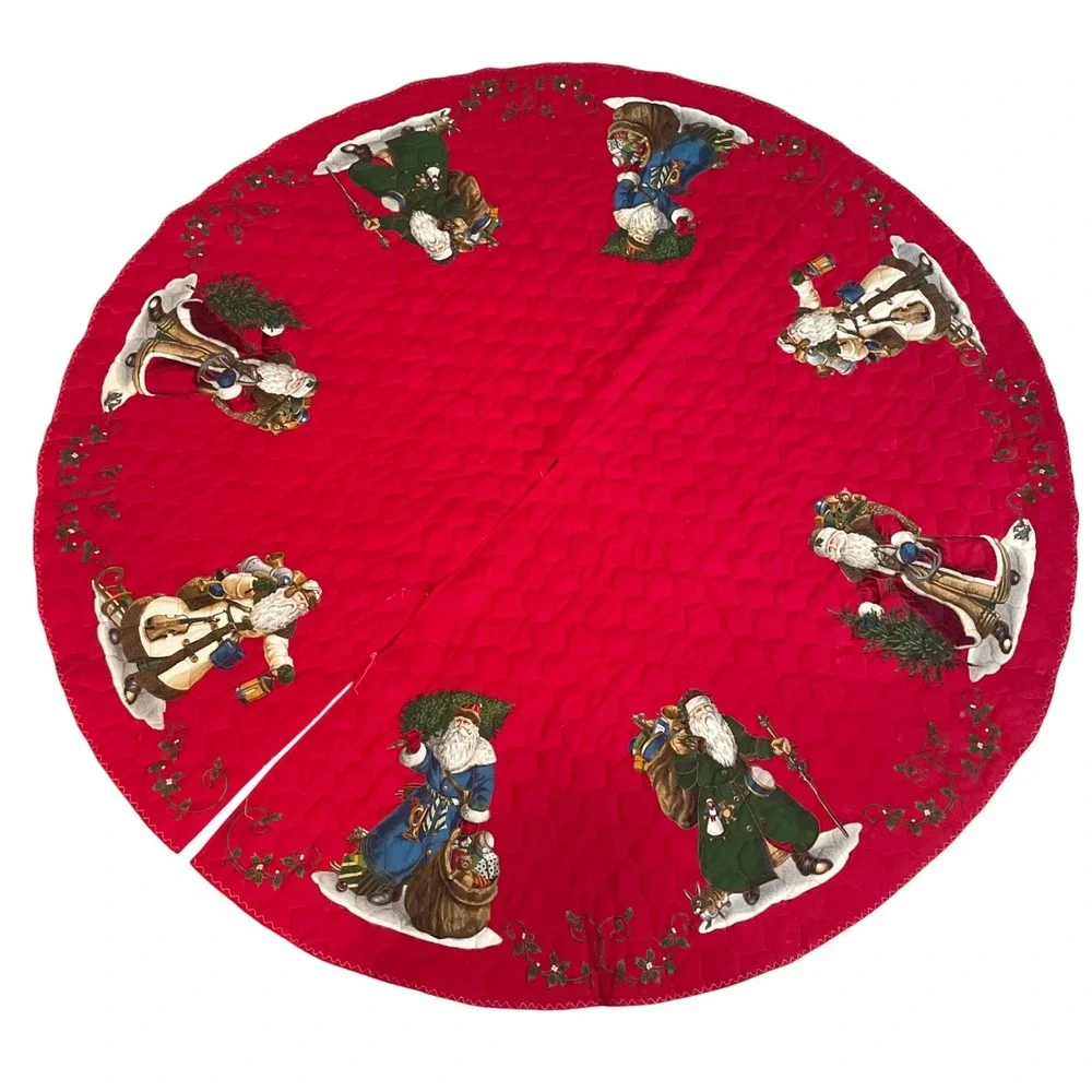 Vintage 90s Red Quilted Christmas Tree Skirt Old World Santa Applique 51in Decor